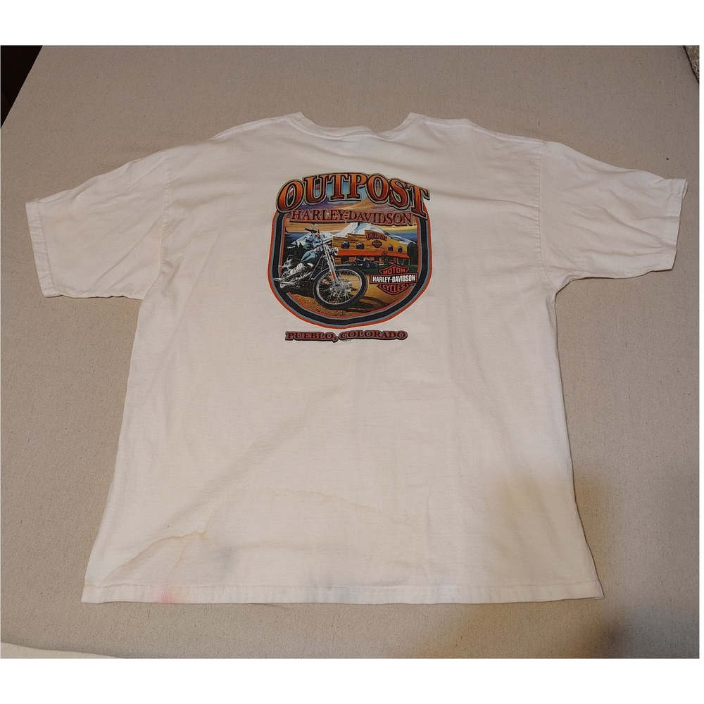 Harley Davidson Mens 2XLarge White Eagle Outpost‎ Pueblo Colorado TShirt Y2K JJ - Picture 7 of 8